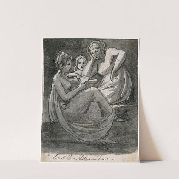 Drie vrouwen bij een tafel, waarvan één lezende by David Humbert de Superville