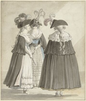 Drie vrouwen in Romeinse maskeradekostuums