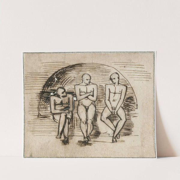 Drie zittende mannen, frontaal, in boogvormige nis by David Humbert de Superville