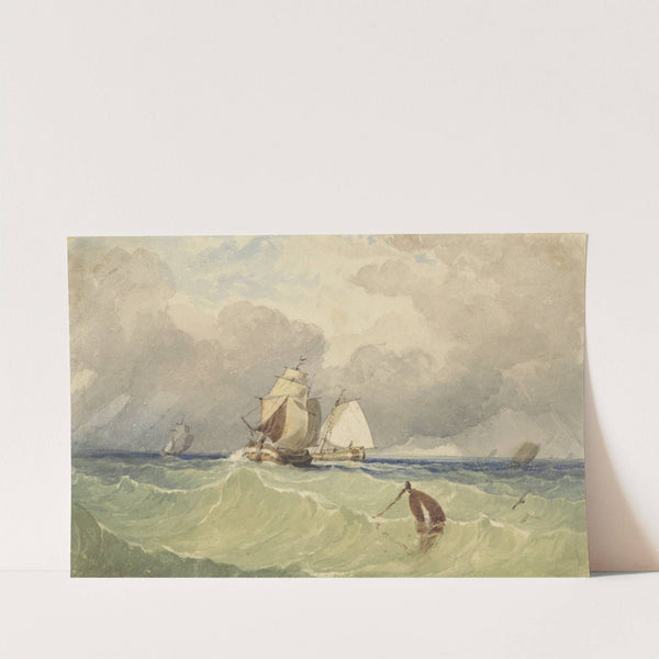 Driemasters en tjalk zeilend in volle zee by Thomas Sewell Robins