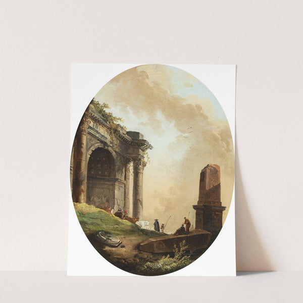 Drovers and their livestock before a ruined arch and obelisk (1778) by Hubert Robert