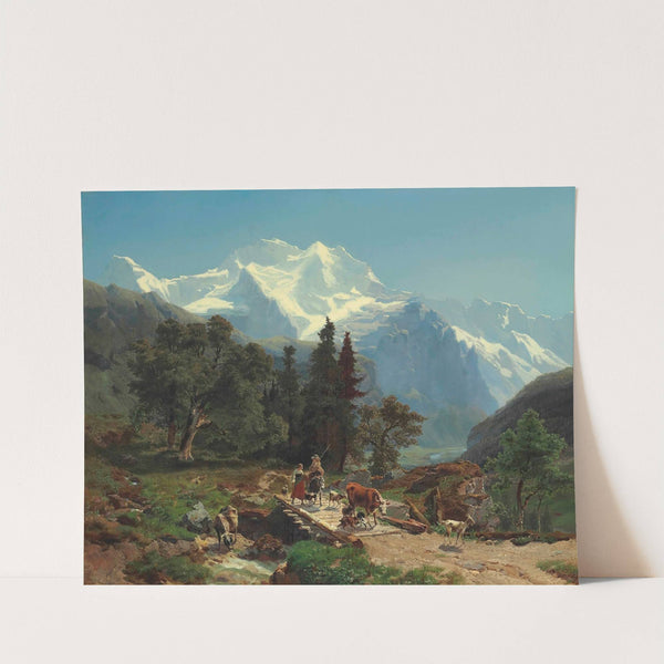 Drovers On A Bridge In An Alpine Landscape by Carl Schweich