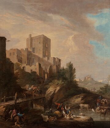 Drovers watering their goats and cattle by a river with travelers crossing a bridge before a walled hill town