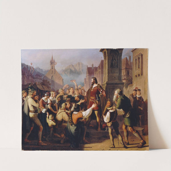 Duke Friedrich IV, disguised as a minstrel, reveals himself to his faithful Tyroleans while fleeing Constance by Franz Schams