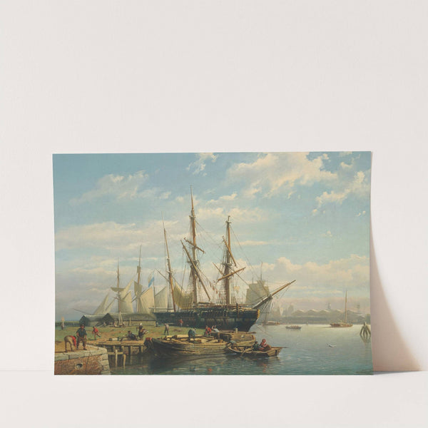 Dutch sailing ships at anchor in a river estuary by Johan Adolph Rust