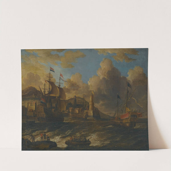 Dutch Ships At Sea Off The Coast Of A Fortified Town by Peter van de Velde