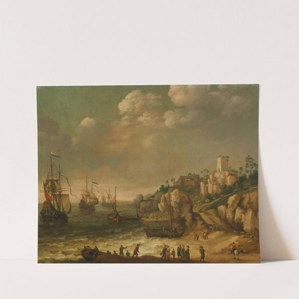 Dutch ships in front of a rocky coast with figures, buildings beyond (1633) by Adam Willaerts