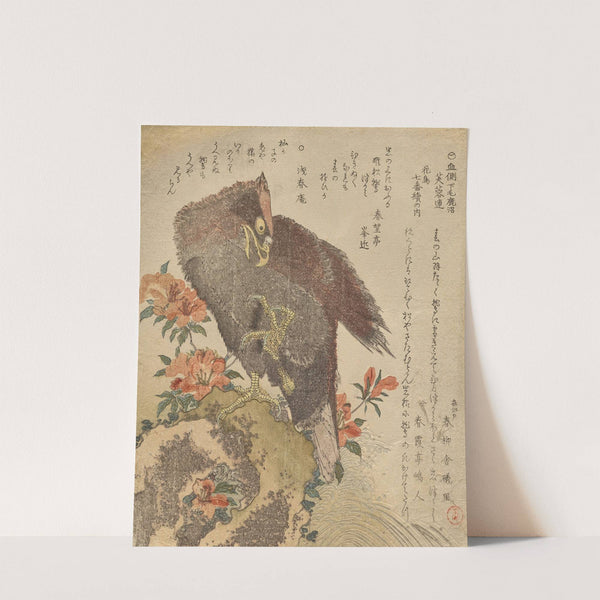 Eagle with an upraised claw on a rock by an azalea bush by Kubo Shunman