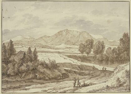 Ebene vor dem Gebirge, rechts ein See, auf dem Weg verschiedene Figuren