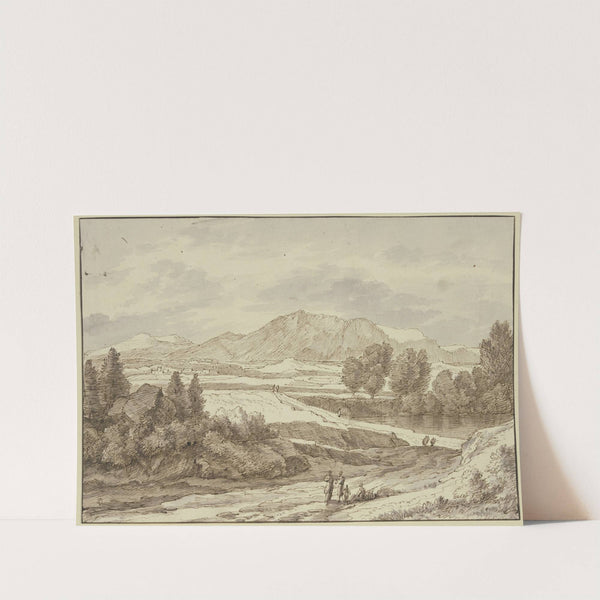 Ebene vor dem Gebirge, rechts ein See, auf dem Weg verschiedene Figuren by Jacob Esselens