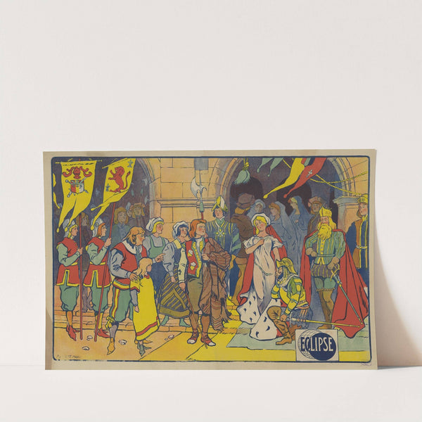 Eclipse scène au moyen-âge une femme en robe blanche et cape rouge – chevalier agenouillé (1909) by Imp. Paul Dupont