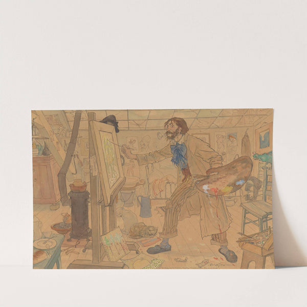 Een enigszins karikaturaal weergegeven schilder ( wsch. Jan Sluyters) werkend in zijn atelier aan een luministisch landschap (1900) by Leo Gestel