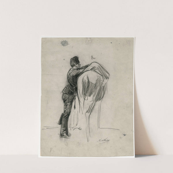 Een huzaar naast zijn paard by Nicolaas van der Waay