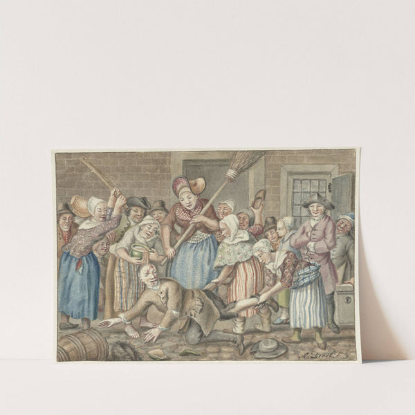 Een man die zijn vrouw had geslagen wordt in de Vinkestraat te Amsterdam door een groep vrouwen bestraft, 1768 by Anthonie Drost