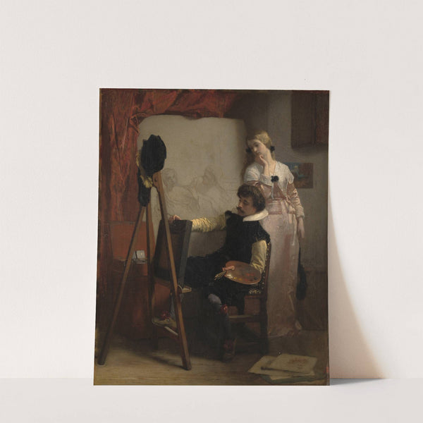 Een schilder voor zijn ezel toont een schilderij aan een meisje (1852) by Florent Willems