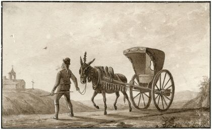 Een Spaanse sjees, getrokken door een ezel