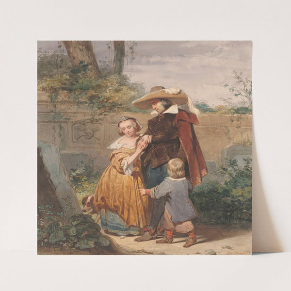 Een vader met twee kinderen bij het graf van de moeder by Willem Hendrik Schmidt