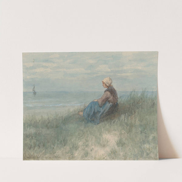 Een vrouw zit op een duin naar zee te kijken by Jozef Israëls