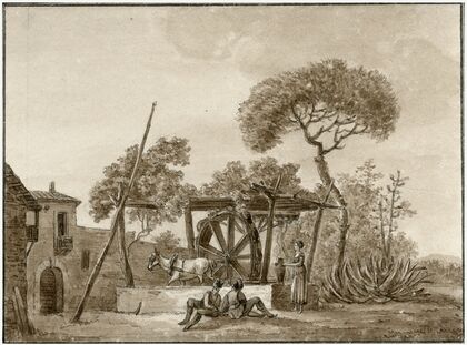 Een waterput met raderwerk en trekezel