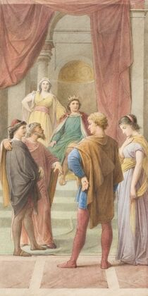 Egeus fordert vor dem Herrscherpaar Theseus und Hippolyta, seine Tochter Hermia solle Demetrius anstelle von Lysander heiraten