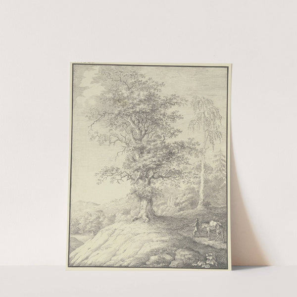 Eichbaum und Birke auf einer Anhöhe, von rechts führt ein Mann ein bepacktes Pferd herbei by Johann Georg Pforr