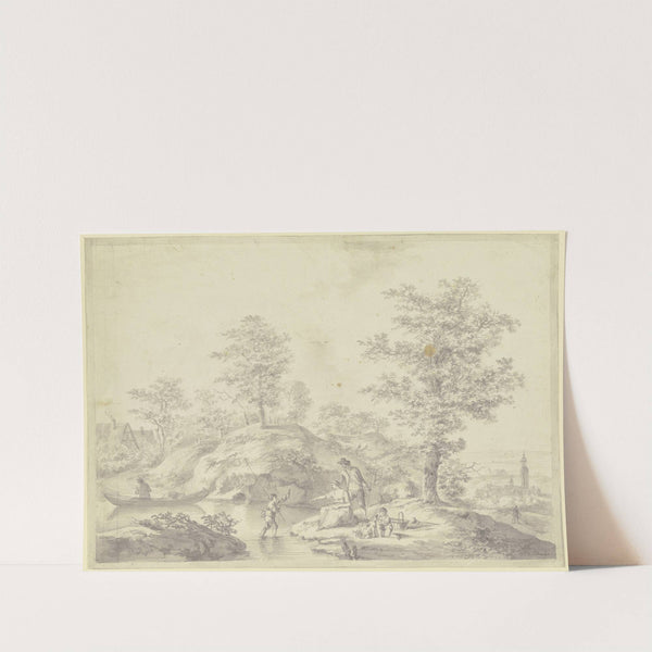 Eichbäume bei einem Dorf, im Vordergrund eine Familie beim Fischen by Caspar Schneider