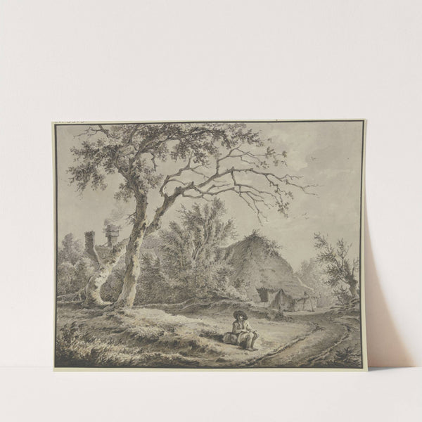 Eichen und Hütten, vorn am Weg sitzt ein ein Wanderer mit einem Bündel by Jan Hulswit