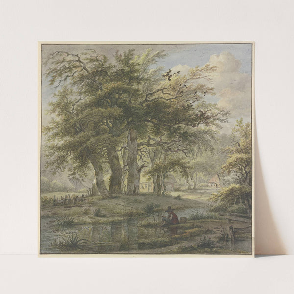 Eichenwald mit einigen Hütten, im Vordergrund ein Angler by Jan Hulswit