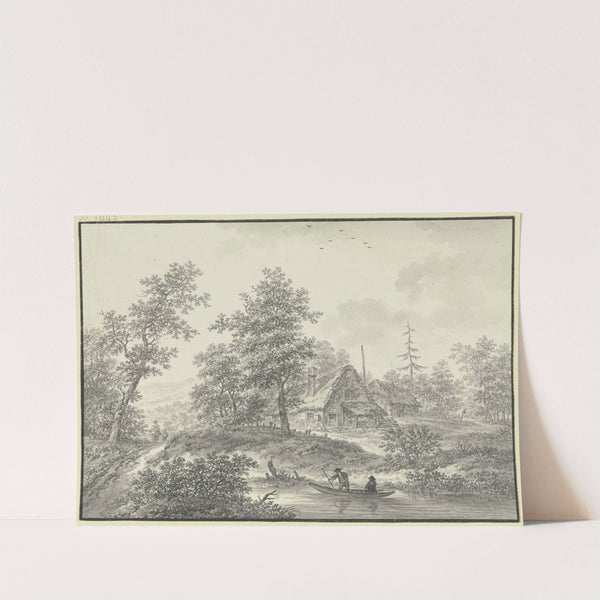 Eichenwald mit zwei Strohhütten, im Vordergrund ein Bach mit zwei Bauern in einem Boot by Karl Franz Kraul