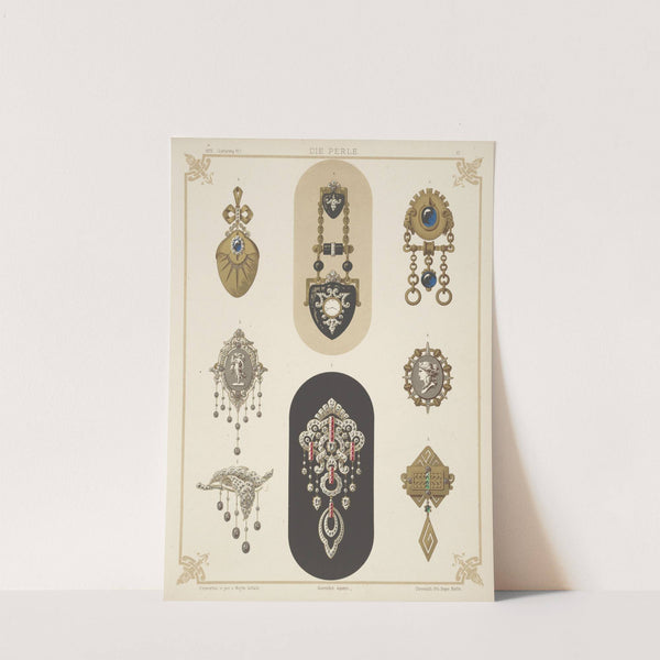 Eight Designs For Jewelry, Including Black And Gold Brooch With Tiny Watch. (1872 - 1873) by Martin Gerlach