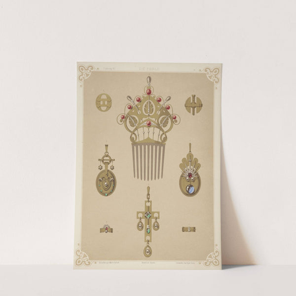 Eight Designs For Jewelry, Including Gold Comb With Red And Gray Pearls. (1872 - 1873) by Martin Gerlach