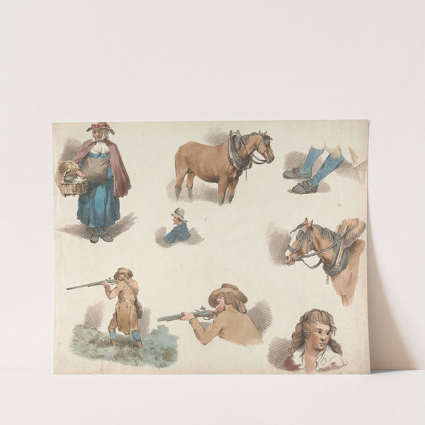 Eight studies; Woman with Basket, Blinkered Cart Horse, etc. by George Morland