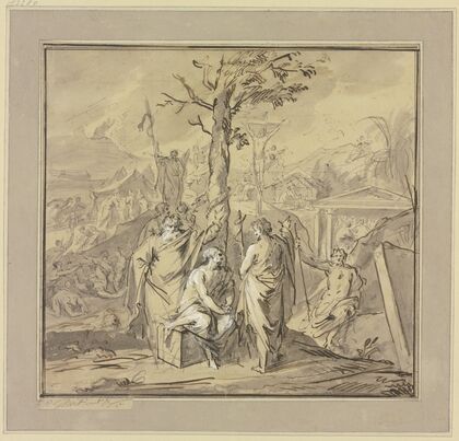 Ein am Baum der Erkenntnis Sitzender erhält Unterweisungen von Moses und Johannes dem Täufer
