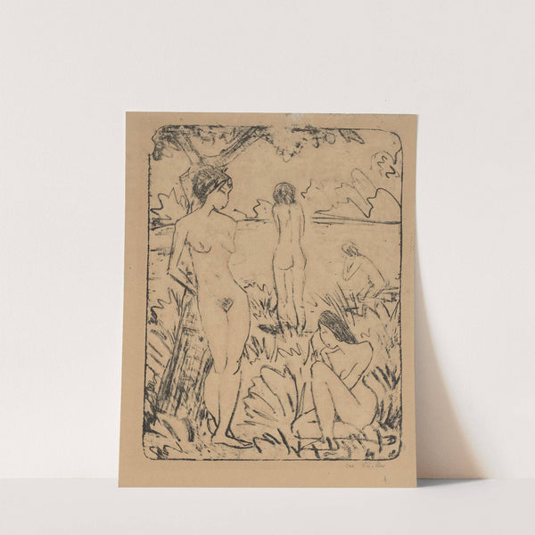 Ein am Baum stehendes, ein sitzendes und zwei badende Mädchen III by Otto Mueller