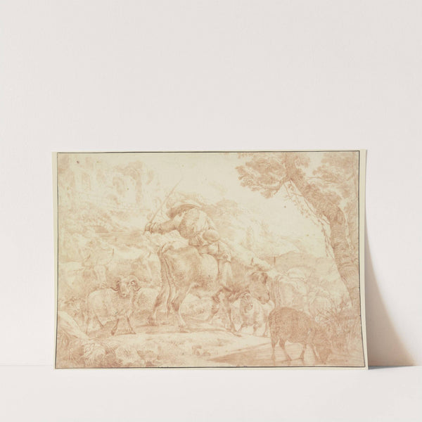Ein auf einem Ochsen reitender Hirte treibt seine Herde heimwärts by Johann Heinrich Roos