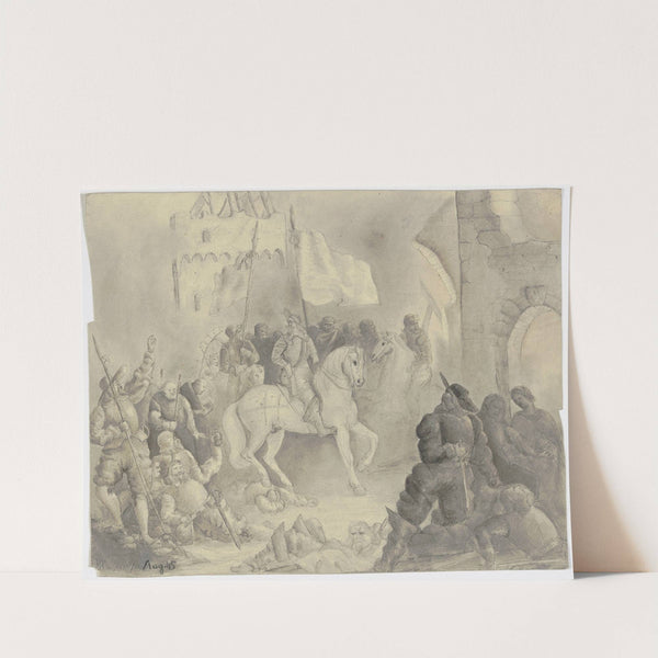 Ein bärtiger Herrscher mit Gefolge reitet nächtens auf eine ruinöse Burg zu by Victor Müller