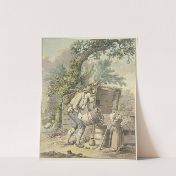 Ein Bauer schüttet Kartoffeln in ein Faß, dabei hilft ein Kind by Pieter Bartholomeusz. Barbiers