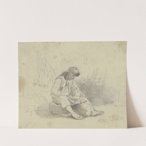 Ein Bauer sitzt auf einem Stück Holz und dengelt seine Sense (1842) by Jakob Fürchtegott Dielmann