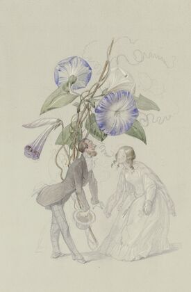 Ein Bouquet von blauen Winden, darunter ein sich voreinander verbeugendes Paar