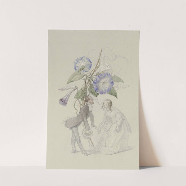 Ein Bouquet von blauen Winden, darunter ein sich voreinander verbeugendes Paar by Adolf Schrödter