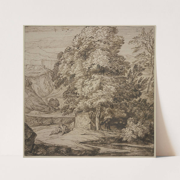 Ein Denkmal unter großen Bäumen, dabei zwei sitzende Figuren by Jacob Esselens