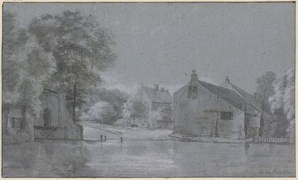 Ein Dorf mit Baumgruppen an einem Fluss