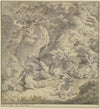Ein Eber von sieben Hunden im Wald bei einem Felsen gestellt (1750)