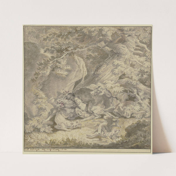 Ein Eber von sieben Hunden im Wald bei einem Felsen gestellt (1750) by Johann Elias Ridinger