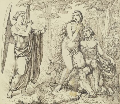 Ein Engel überbringt Adam und Eva Gottes Verbot, vom Baum der Erkenntnis des Guten und Bösen zu essen