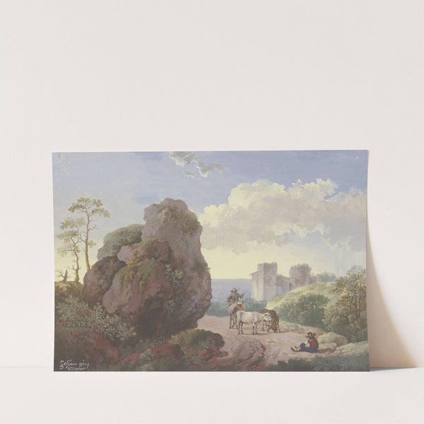 Ein großer Fels neben einem Weg mit Hirten und Vieh, rechts eine Ruine by Johann Georg Wagner