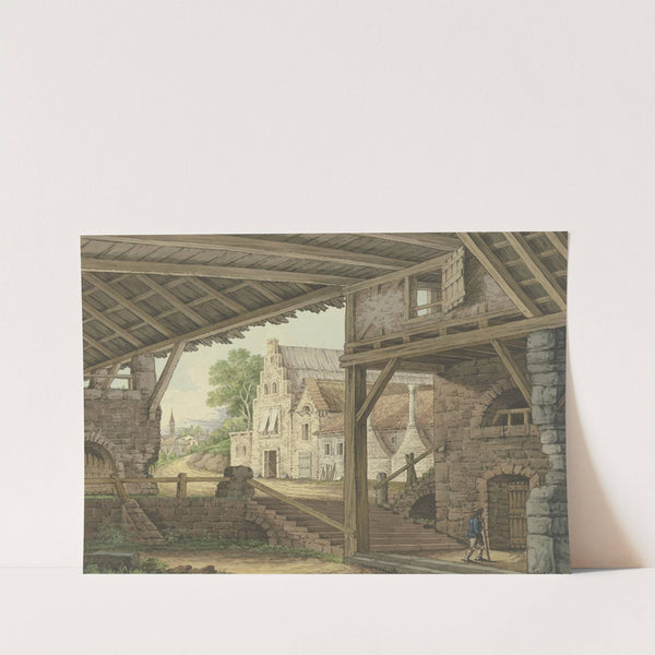 Ein großer Schuppen gewährt einen Ausblick auf ein Dorf by Philipp Jakob Bauer