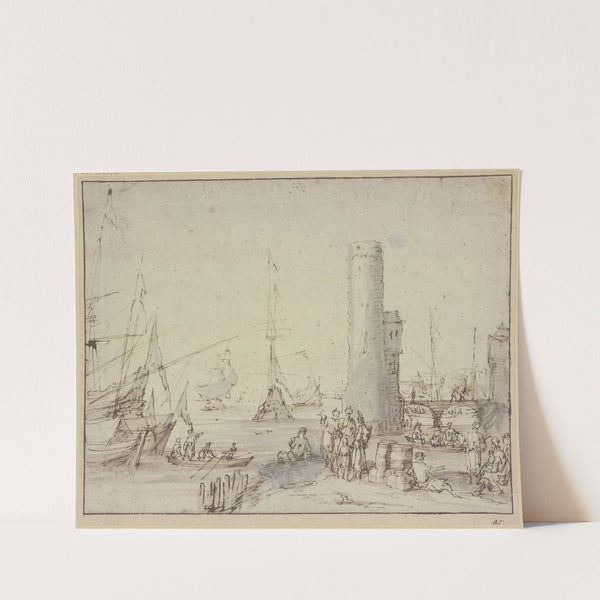 Ein Hafen mit einem Leuchtturm by Johannes Lingelbach
