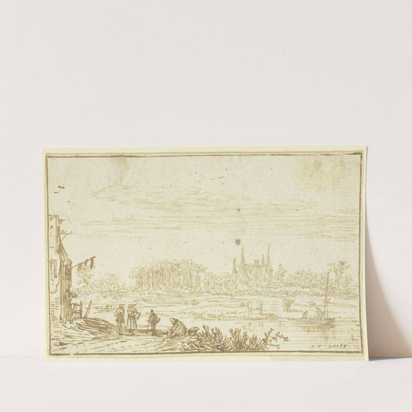 Ein Haus am linken Flussufer, davor auf dem Weg links vier Figuren, am jenseitigen Ufer ein Boot, weiter zurück ein von Bäumen umgebenes Schloss by Jan van Goyen