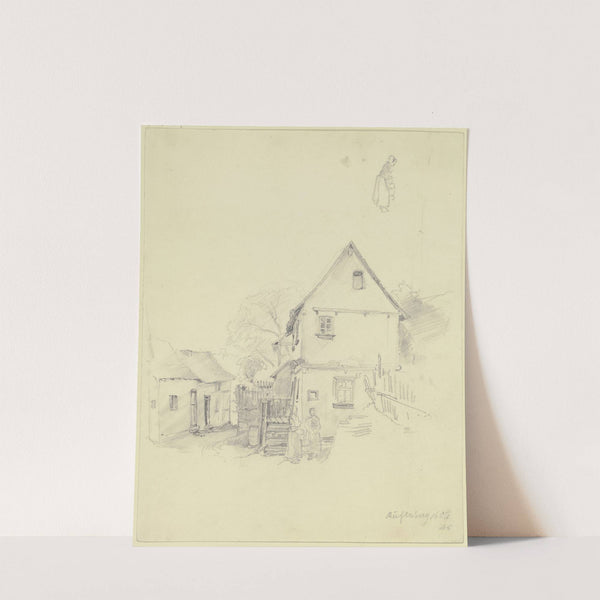 Ein Haus, vor demselben stehen zwei Frauen am Brunnen, oben Entwurf zu einem Mädchen mit einem Korb by Jakob Fürchtegott Dielmann